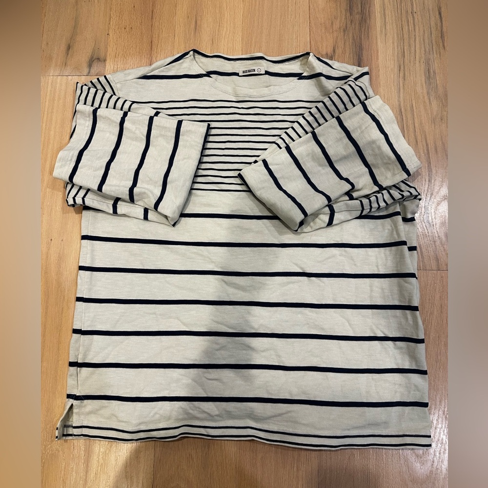 Buck Mason Men’s Field Spec Deck Long Sleeve Tee - Cream and Blue Stripes